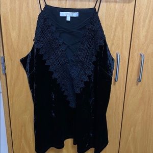 Velvet Top with Lace Up Trim